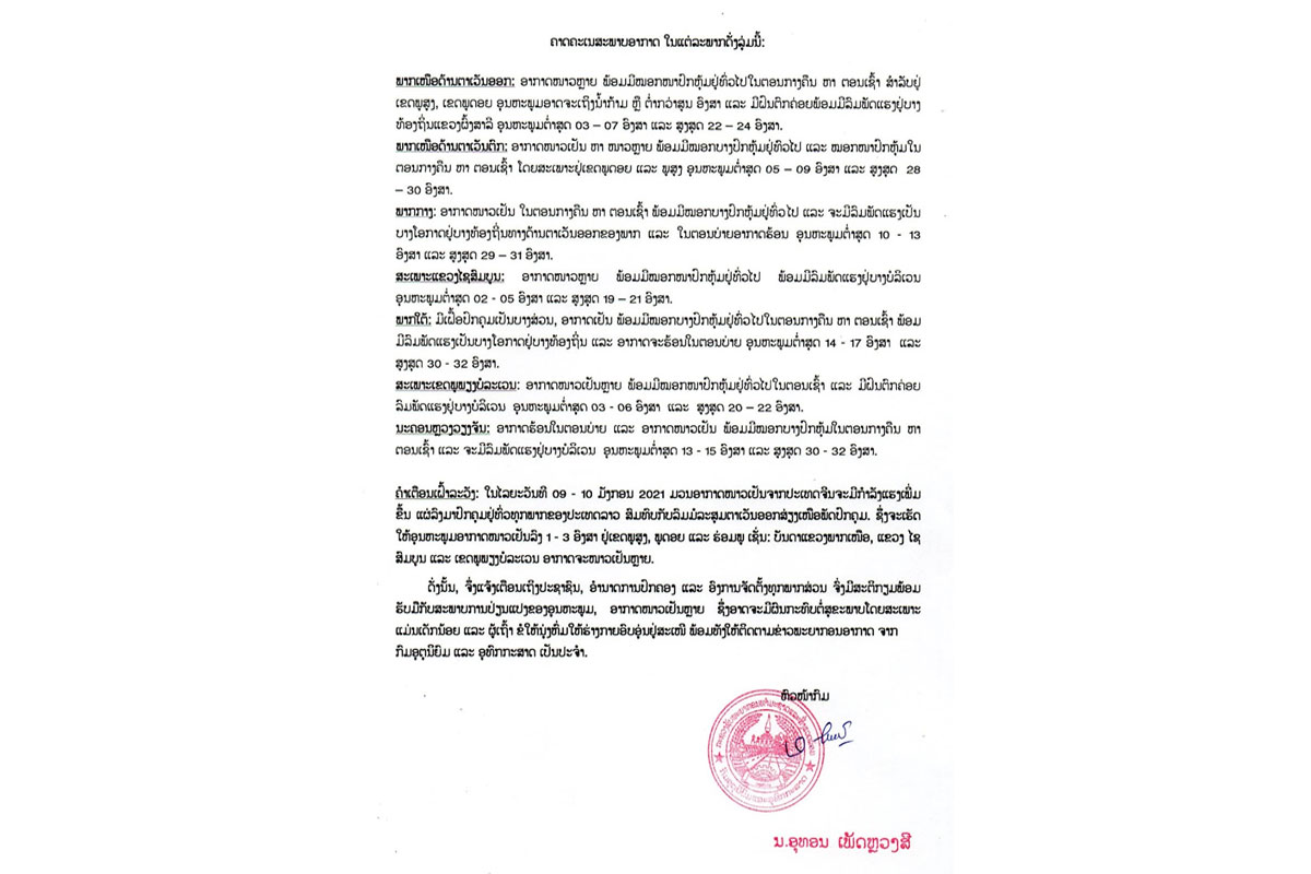 ພາກເໜືອອາກາດຈະໜາວເຢັນລົງອີກ 1-3 ອົງສາ