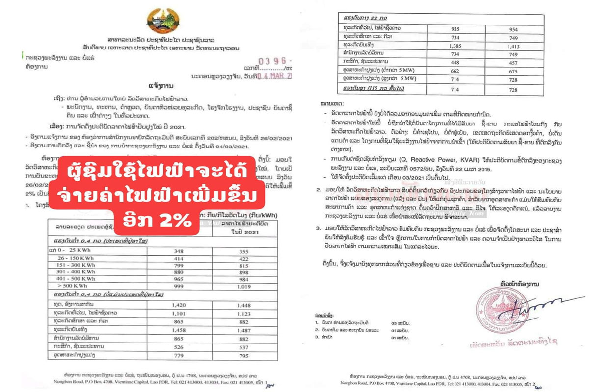 ລັດປັບຄ່າໄຟຟ້າຂຶ້ນອີກ 2%