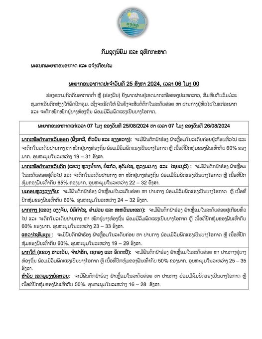 ມື້ນີ້ໃນແຕ່ລະພາກຍັງຈະມີຝົນຕົກ ລະດັບຄ່ອຍ ຫາ ປານກາງ ແລະ ຈະຕົກໜັກໜັກຢູ່ບາງທ້ອງຖິິ່ນ ພ້ອມມີລົມພັດແຮງເປັນບາງໂອກາດ