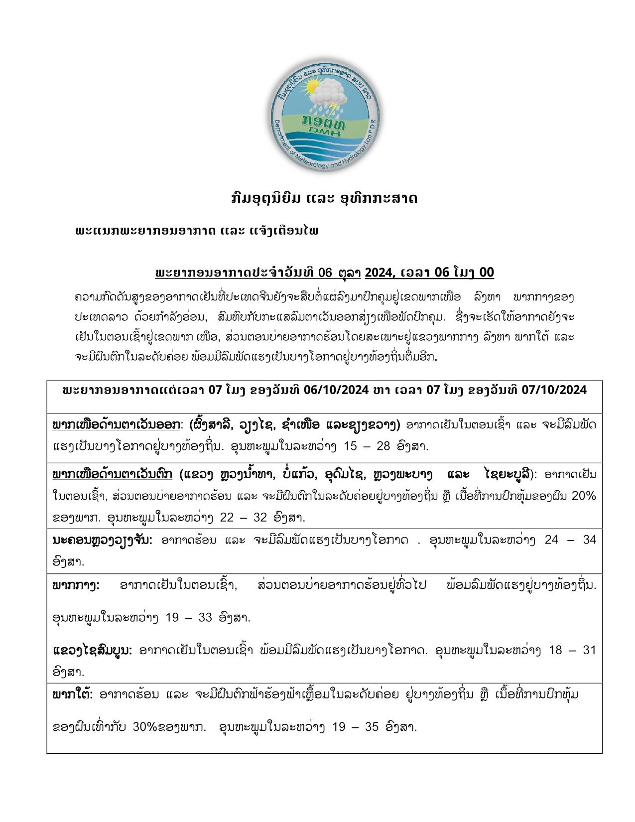 ພະຍາກອນອາກາດ ປະຈໍາເຊົ້າ ວັນທີ 06 ຕຸລາ 2024