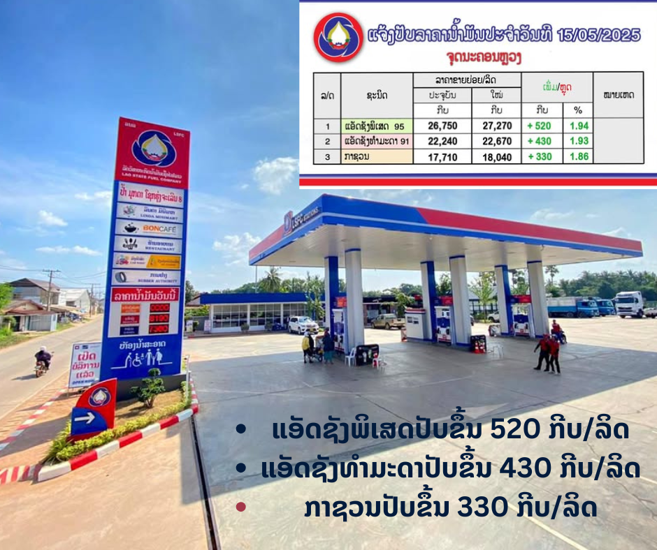 ກະຊວງ ອຸດສາຫະກຳ ແລະ ການຄ້າໄດ້ປັບຂຶ້ນລາຄານ້ຳມັນເຊື້ອໄຟທຸກປະເພດ ເລີ່ມປະຕິບັດແລ້ວແຕ່ເວລາ 06:00 ໂມງຂອງວັນມື້ນີ້