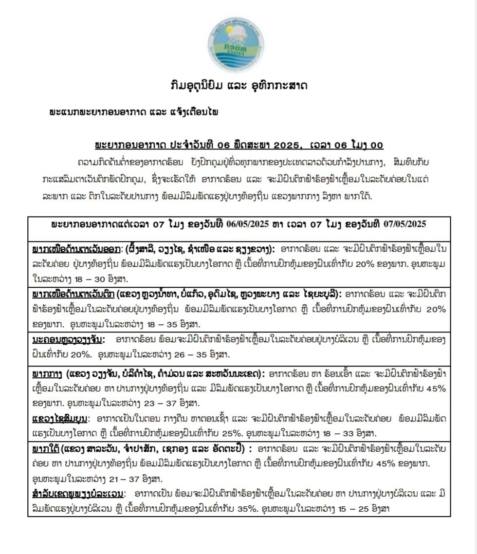 24 ຊົ່ວໂມງຕໍ່ໄປນີ້ ແຕ່ລະພາກ ອາກາດຮ້ອນ ແລະ ຈະມີຝົນຕົກຟ້າຮ້ອງຟ້າເຫຼື້ອມໃນລະດັບຄ່ອຍ ແລະ ຕົກໃນລະດັບປານກາງ ພ້ອມມີລົມພັດແຮງຢູ່ບາງທ້ອງຖິ່ນ ຢູ່ແຂວງພາກກາງ ລົງຫາ ພາກໃຕ້