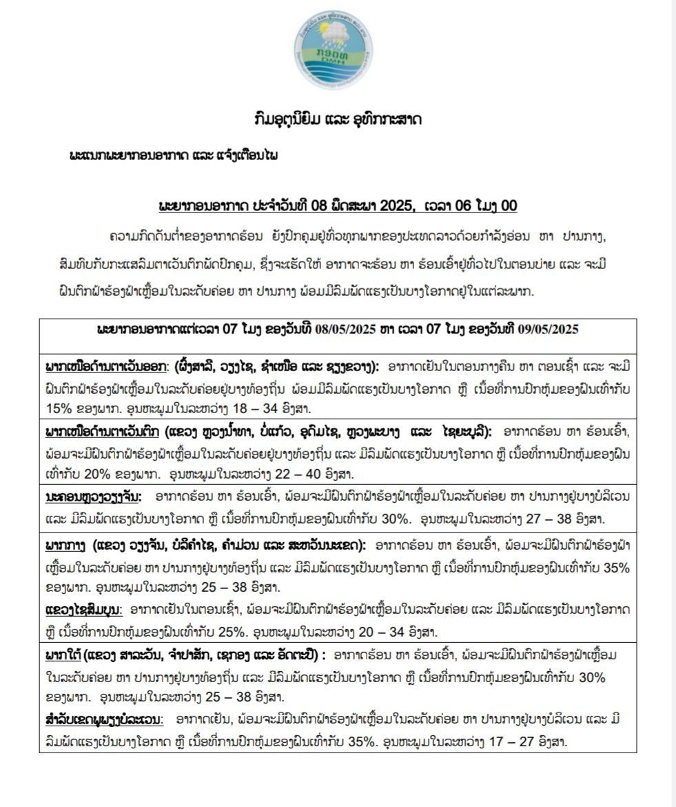 24 ຊົ່ວໂມງຕໍ່ໄປນີ້, ອາກາດຍັງຈະຮ້ອນ ຫາ ຮ້ອນເອົ້າຢູ່ທົ່ວໄປໃນຕອນປາຍ ແລະ ຈະມີ ຝົນຕົກຟ້າຮ້ອງຟ້າເຫຼື້ອມໃນລະດັບຄ່ອຍ ຫາ ປານກາງ ພ້ອມມີລົມພັດແຮງເປັນບາງໂອກາດຢູ່ໃນແຕ່ລະພາກ