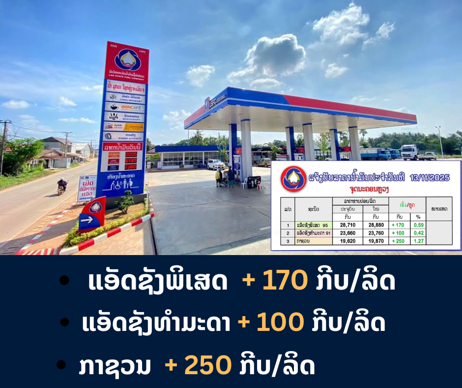 ກະຊວງ ອຸດສາຫະກຳ ແລະ ການຄ້າໄດ້ປັບຂຶ້ນລາຄານ້ຳມັນເຊື້ອໄຟທຸກປະເພດ ເລີ່ມປະຕິບັດແລ້ວແຕ່ເວລາ 06:00 ໂມງຂອງມື້ນີ້