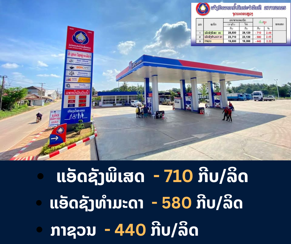 ຂ່າວດີ! ກະຊວງ ອຸດສາຫະກຳ ແລະ ການຄ້າ ໄດ້ປັບລົງລາຄານ້ຳມັນເຊື້ອໄຟທຸກປະເພດຈະເລີ່ມປະຕິບັດໃນເວລາ 06:00 ໂມງຂອງມື້ນີ້